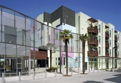 Exterior view of the entrance to Paseo Senter in San Jose, California.