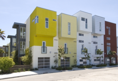 Exterior view of townhouses at Blue Star Corner in Emeryville, Ca.