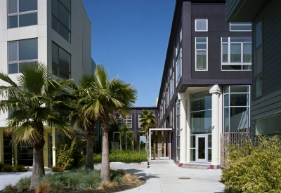 Exterior view of the entry to Pacific Cannery Lofts in Oakland, California.