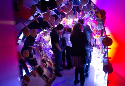 DBA's installation, PeepSHOW, for the Market Street Prototyping Festival in San Francisco at dusk.