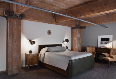 Loft interior of the bedroom at 355 Bryant Lofts in San Francisco.