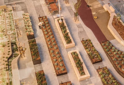 Looking down at the courtyard at Bayview Hill Gardens in San Francisco, Ca.