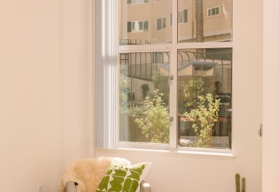 Seating area inside a unit Bayview Hill Gardens in San Francisco, Ca.