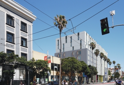 Render street view of La Fénix at 1950, affordable housing in the mission district of San Francisco.