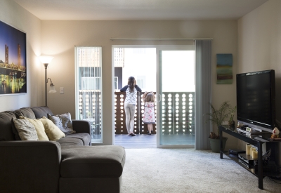 Living room facing the balcony at Rivermark in Sacramento, Ca.