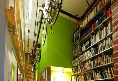 Kitchen and library inside David Baker Architects Office in San Francisco.