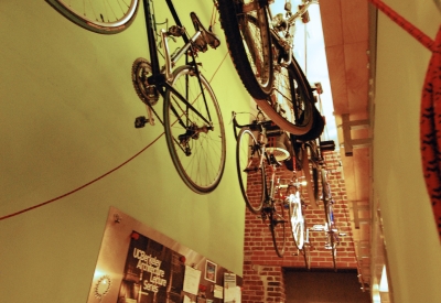 Bicycles hanging from the ceiling of David Baker Architects Office in San Francisco.