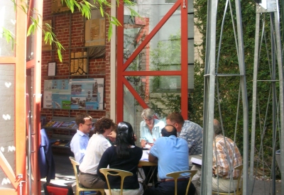 Meeting in the courtyard of David Baker Architects Office in San Francisco.