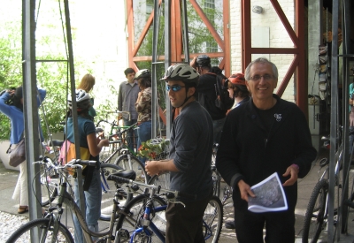 Staff getting on their bikes inside David Baker Architects Office in San Francisco.