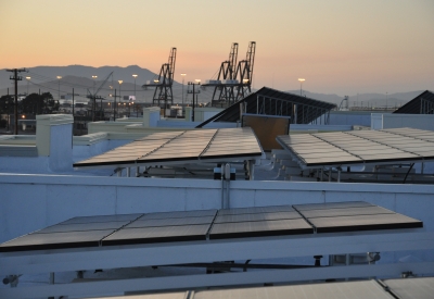 Solar panels on the roof of Ironhorse at Central Station in Oakland, California.