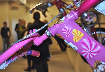 Pink bike with hearts inside the bike room at Armstrong Place Senior in San Francisco.