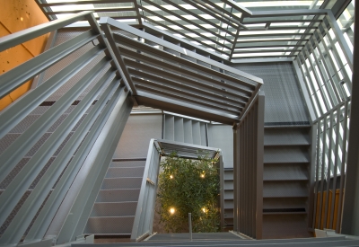 Looking down into the open-air stairs at 888 Seventh Street in San Francisco.