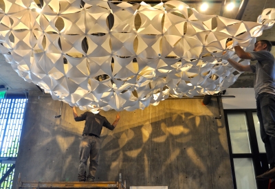 Installing of the cloud structure in the lobby of Rivermark in Sacramento, Ca.