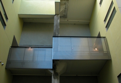 Steel railing at Pacific Cannery Lofts in Oakland, California.