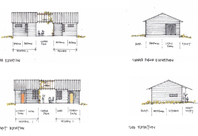 Elevations sketches for Union Village in Talladega, Alabama.