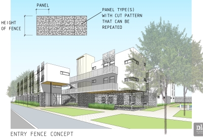 Exterior rendering of Blossom Hill focusing on the patterned entry fence.