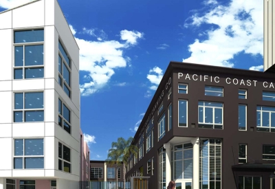 Exterior rendering of the entry gate to Pacific Cannery Lofts in Oakland, California.