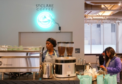 St. Clare Coffee cart inside SPUR Urban Center Galleries in San Francisco.
