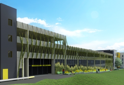 Rendering of parking garage for Midway Village Phase 1 in Daly City, Ca.