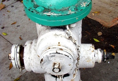 White fire hydrant with an aqua painted top.