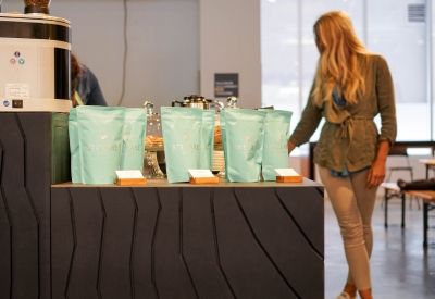 St. Clare Coffee cart inside SPUR Urban Center Galleries in San Francisco.