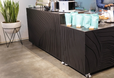 St. Clare Coffee cart inside SPUR Urban Center Galleries in San Francisco.