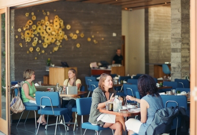 Looking from the street at Spoonbar inside of h2hotel in Healdsburg, Ca.