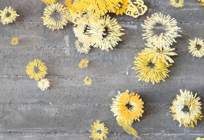 Flower wall art inside of Spoonbar, restaurant and bar inside h2hotel in Healdsburg, Ca.