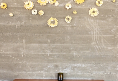 Flower wall inside of Spoonbar, restaurant and bar inside h2hotel in Healdsburg, Ca.