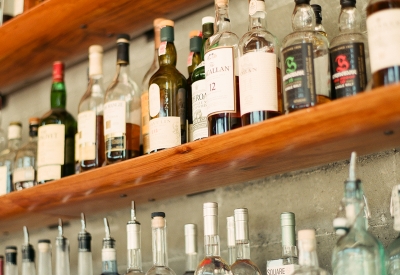 Alcohol bottles at the bar of Spoonbar inside h2hotel in Healdsburg, Ca.