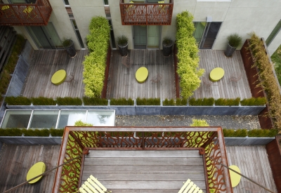 Aerial view of outdoor terraces and balconies at h2hotel in Healdsburg, Ca.