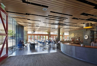 Entrance lobby and Spoonbar restaurant inside h2hotel in Healdsburg, Ca.