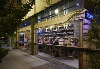 Spoonbar restaurant at dusk at h2hotel in Healdsburg, Ca.