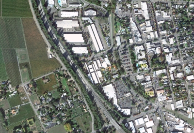 Aerial of Harmon Guest House and h2hotel in Healdsburg, Ca.