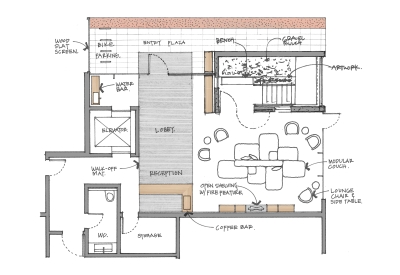 Site plan for the hotel lobby for Harmon Guest House in Healdsburg, California.