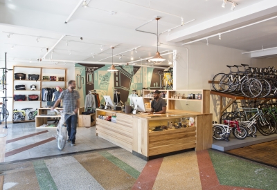 Purchase counter inside Huckleberry Bicycles in San Francisco.