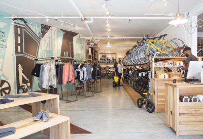 Looking to the back of the store Huckleberry Bicycles in San Francisco.