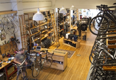 Interior view of the bicycle shop Huckleberry Bicycles in San Francisco.