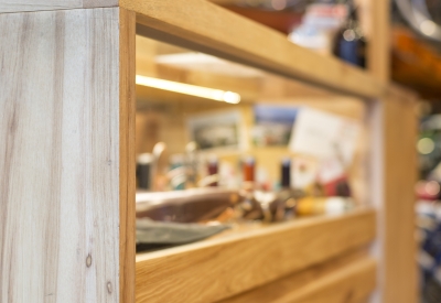 Detail of the wood inside Huckleberry Bicycles in San Francisco.