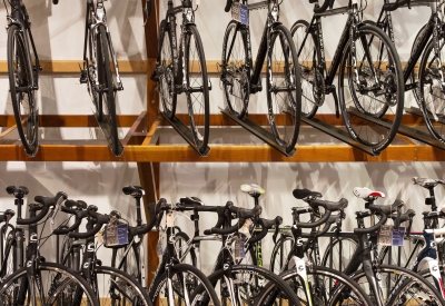 Detail view of hanging bicycles inside Huckleberry Bicycles in San Francisco.