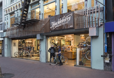 Exterior view of the entrance to Huckleberry Bicycles in San Francisco.