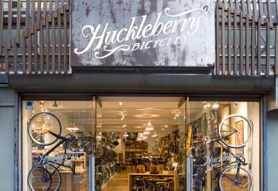 Exterior view of the entrance to Huckleberry Bicycles in San Francisco.