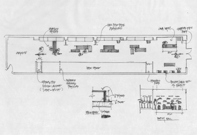 Basic floor plan sketch for Huckleberry Bicycles in San Francisco.