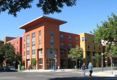 Exterior street corner view of Pensione K in Sacramento, California.