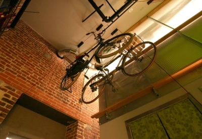 Bicycles hanging from the ceiling of David Baker Architects Office in San Francisco.