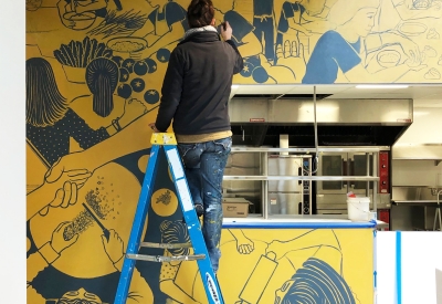 Progress of mural at Bini’s Kitchen in San Francisco, CA.