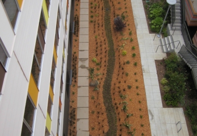 Aerial view of the pedestrian walkway at Armstrong Place and Armstrong Place Senior in San Fransisco..