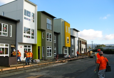 Townhouses under construction at Tassafaronga Village in East Oakland, CA.
