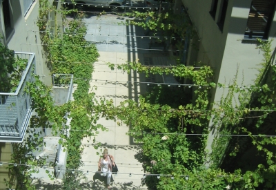 Looking down at the courtyard at Hotel Healdsburg in Healdsburg, Ca.