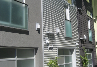 Close-up of townhouse garages at Blue Star Corner in Emeryville, Ca.